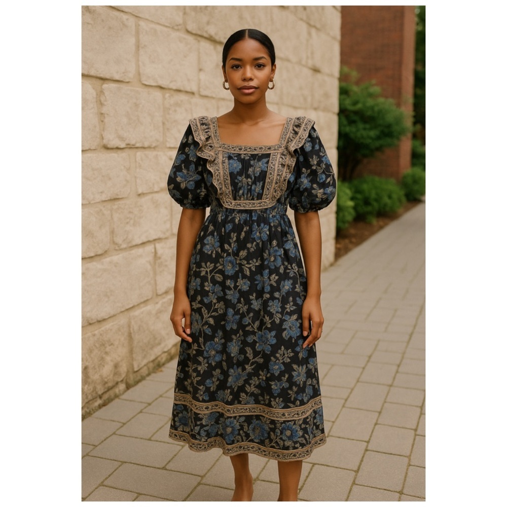 SEA New York Tess Navy Floral Puff Sleeve Open Back Smocked Midi Dress 4